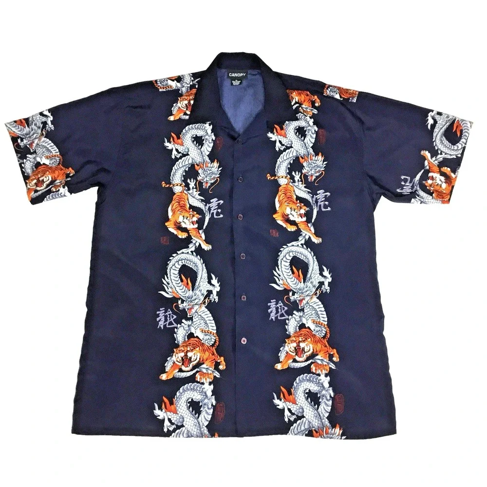 Canopy Mens XL Navy Blue Dragon Tiger Graphic Button Up Short Sleeve Camp Shirt‎